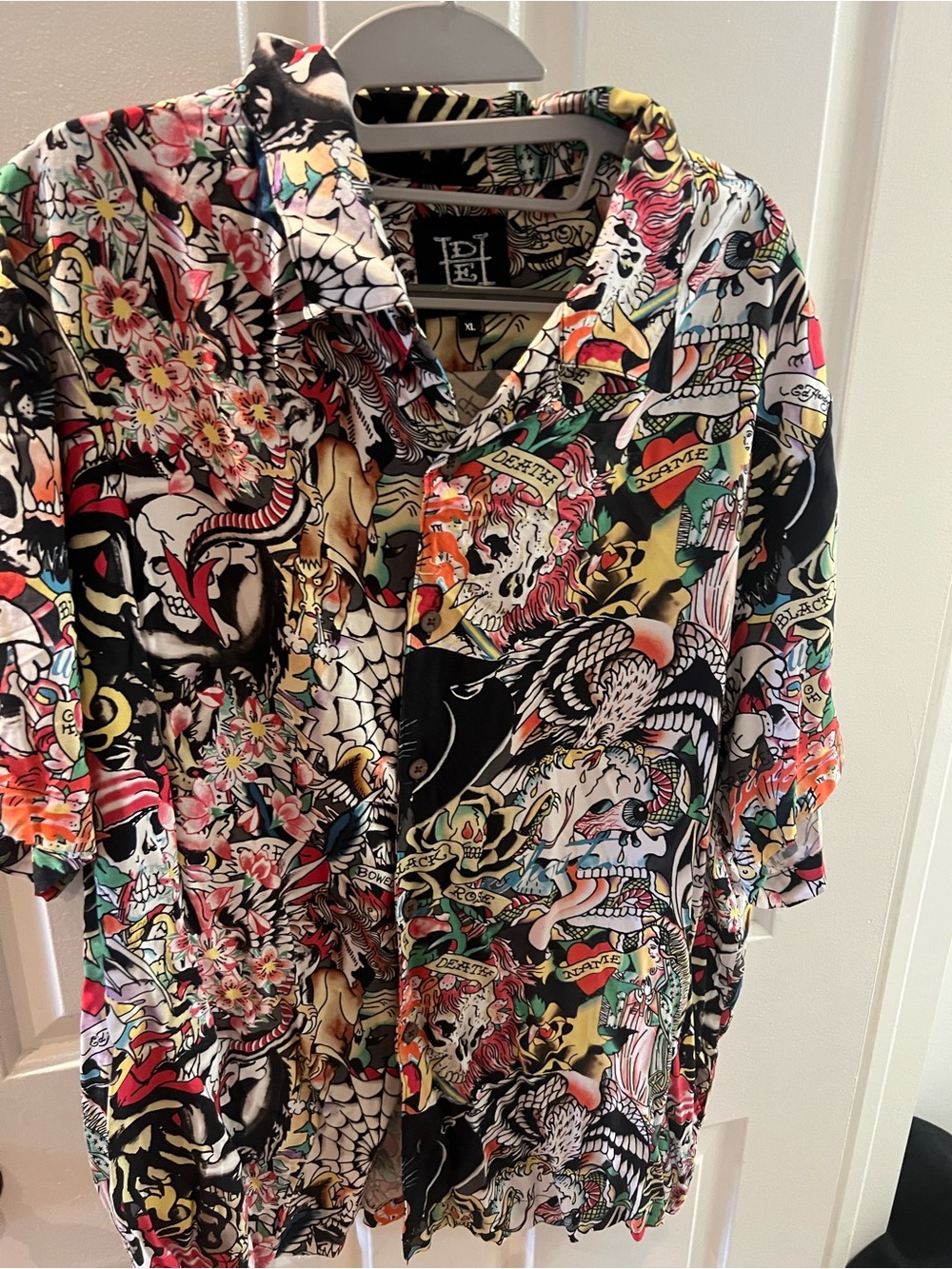 Ed Hardy Multicolor Tattoo-Print Short-Sleeve Button-Down Shirt